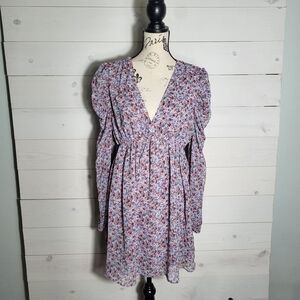 Wild Fable Dress Ditsy Lavendar Floral Puff Bell Sleeve V-Neck Cottagecore.